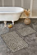 - Realhomes - Realhomes  2'li Set Siyah - Kahverengi Zeminde Leopar Motifli Deri Desenli Klasik Sade & Şık  2'li Banyo & Mutfak Paspas Takımı Realhomes