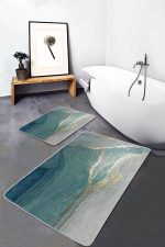 2'li Set Turkuaz Zeminde Mermer Motifli Altın Desenli Modern Sade & Şık  2'li Banyo & Mutfak Paspas Takımı Realhomes