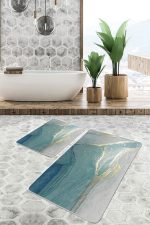 2'li Set Turkuaz Zeminde Mermer Motifli Altın Desenli Modern Sade & Şık  2'li Banyo & Mutfak Paspas Takımı Realhomes