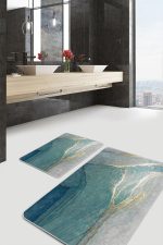 2'li Set Turkuaz Zeminde Mermer Motifli Altın Desenli Modern Sade & Şık  2'li Banyo & Mutfak Paspas Takımı Realhomes