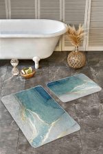 2'li Set Turkuaz Zeminde Mermer Motifli Altın Desenli Modern Sade & Şık  2'li Banyo & Mutfak Paspas Takımı Realhomes