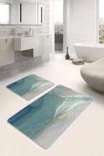 2'li Set Turkuaz Zeminde Mermer Motifli Altın Desenli Modern Sade & Şık  2'li Banyo & Mutfak Paspas Takımı Realhomes