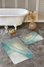 - Realhomes - Realhomes 2'li Set Gold - Turkuaz Zeminde Altın Motifli Mermer Desenli Modern Sade & Şık 2'li Banyo & Mutfak Paspas Takımı Realhomes