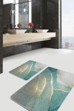 - PaspasTakimi-2li-Set1597-Gorsel - Realhomes 2'li Set Gold - Turkuaz Zeminde Altın Motifli Mermer Desenli Modern Sade & Şık 2'li Banyo & Mutfak Paspas Takımı Realhomes