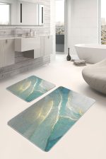 - PaspasTakimi-2li-Set1597-Gorsel-2 - Realhomes 2'li Set Gold - Turkuaz Zeminde Altın Motifli Mermer Desenli Modern Sade & Şık 2'li Banyo & Mutfak Paspas Takımı Realhomes