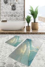 - PaspasTakimi-2li-Set1597-Gorsel-4 - Realhomes 2'li Set Gold - Turkuaz Zeminde Altın Motifli Mermer Desenli Modern Sade & Şık 2'li Banyo & Mutfak Paspas Takımı Realhomes