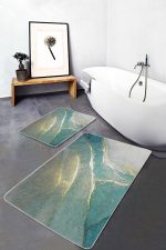 - PaspasTakimi-2li-Set1597-Gorsel-5 - Realhomes 2'li Set Gold - Turkuaz Zeminde Altın Motifli Mermer Desenli Modern Sade & Şık 2'li Banyo & Mutfak Paspas Takımı Realhomes