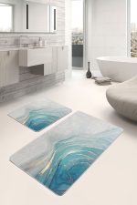 - PaspasTakimi-2li-Set1598-Gorsel-1 - Realhomes  2'li Set Mavi - Gold Zeminde Altın Motifli Mermer Desenli Modern Klasik  2'li Banyo & Mutfak Paspas Takımı Realhomes