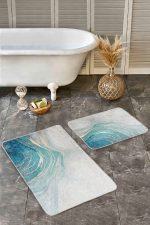 - Realhomes - Realhomes  2'li Set Mavi - Gold Zeminde Altın Motifli Mermer Desenli Modern Klasik  2'li Banyo & Mutfak Paspas Takımı Realhomes