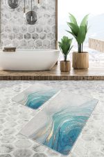 - PaspasTakimi-2li-Set1598-Gorsel-2 - Realhomes  2'li Set Mavi - Gold Zeminde Altın Motifli Mermer Desenli Modern Klasik  2'li Banyo & Mutfak Paspas Takımı Realhomes