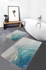 - PaspasTakimi-2li-Set1598-Gorsel-4 - Realhomes  2'li Set Mavi - Gold Zeminde Altın Motifli Mermer Desenli Modern Klasik  2'li Banyo & Mutfak Paspas Takımı Realhomes