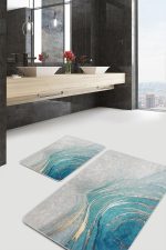 - PaspasTakimi-2li-Set1598-Gorsel-5 - Realhomes  2'li Set Mavi - Gold Zeminde Altın Motifli Mermer Desenli Modern Klasik  2'li Banyo & Mutfak Paspas Takımı Realhomes