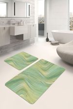 - PaspasTakimi-2li-Set1599-Gorsel-4 - Realhomes 2'li Set Yeşil - Gold Zeminde Altın Motifli Mermer Desenli Sade & Şık Klasik 2'li Banyo & Mutfak Paspas Takımı Realhomes