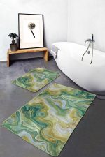 - PaspasTakimi-2li-Set1600-Gorsel-1 - Realhomes  2'li Set Gold - Yeşil Zeminde Altın Motifli Kanvas Desenli Modern Sade & Şık  2'li Banyo & Mutfak Paspas Takımı Realhomes