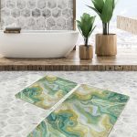 2'li Set Mavi Zeminde Geometrik Motifli Eskitme Desenli Geometrik Klasik  2'li Banyo & Mutfak Paspas Takımı Realhomes