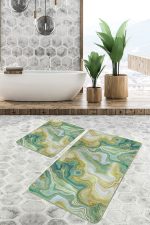 - PaspasTakimi-2li-Set1600-Gorsel - Realhomes  2'li Set Gold - Yeşil Zeminde Altın Motifli Kanvas Desenli Modern Sade & Şık  2'li Banyo & Mutfak Paspas Takımı Realhomes