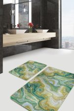 - PaspasTakimi-2li-Set1600-Gorsel-2 - Realhomes  2'li Set Gold - Yeşil Zeminde Altın Motifli Kanvas Desenli Modern Sade & Şık  2'li Banyo & Mutfak Paspas Takımı Realhomes