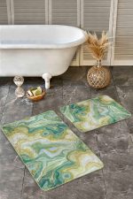 - Realhomes - Realhomes  2'li Set Gold - Yeşil Zeminde Altın Motifli Kanvas Desenli Modern Sade & Şık  2'li Banyo & Mutfak Paspas Takımı Realhomes