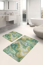 - PaspasTakimi-2li-Set1600-Gorsel-5 - Realhomes  2'li Set Gold - Yeşil Zeminde Altın Motifli Kanvas Desenli Modern Sade & Şık  2'li Banyo & Mutfak Paspas Takımı Realhomes