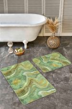 - Realhomes - Realhomes  2'li Set Gold - Yeşil Zeminde Kanvas Motifli Altın Desenli Modern Sade & Şık  2'li Banyo & Mutfak Paspas Takımı Realhomes