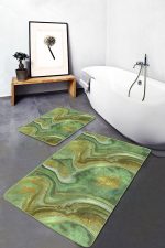 - PaspasTakimi-2li-Set1602-Gorsel-4 - Realhomes  2'li Set Gold - Yeşil Zeminde Kanvas Motifli Altın Desenli Modern Sade & Şık  2'li Banyo & Mutfak Paspas Takımı Realhomes