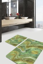 - PaspasTakimi-2li-Set1602-Gorsel-5 - Realhomes  2'li Set Gold - Yeşil Zeminde Kanvas Motifli Altın Desenli Modern Sade & Şık  2'li Banyo & Mutfak Paspas Takımı Realhomes