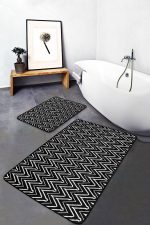 2'li Set Siyah Zeminde Geometrik Motifli Klasik Desenli Sade & Şık Geometrik  2'li Banyo & Mutfak Paspas Takımı Realhomes