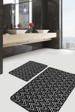 2'li Set Siyah Zeminde Geometrik Motifli Klasik Desenli Sade & Şık Geometrik  2'li Banyo & Mutfak Paspas Takımı Realhomes