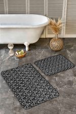 2'li Set Siyah Zeminde Geometrik Motifli Klasik Desenli Sade & Şık Geometrik  2'li Banyo & Mutfak Paspas Takımı Realhomes