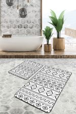 - PaspasTakimi-2li-Set1604-Gorsel-4 - Realhomes 2'li Set Beyaz Zeminde Bohem Motifli Tribal Desenli Etnik Motifler Klasik 2'li Banyo & Mutfak Paspas Takımı Realhomes