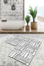 - PaspasTakimi-2li-Set1605-Gorsel-1 - Realhomes  2'li Set Siyah - Beyaz Zeminde Tribal Motifli Etnik Desenli Geometrik Klasik  2'li Banyo & Mutfak Paspas Takımı Realhomes
