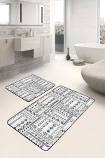 - PaspasTakimi-2li-Set1605-Gorsel - Realhomes  2'li Set Siyah - Beyaz Zeminde Tribal Motifli Etnik Desenli Geometrik Klasik  2'li Banyo & Mutfak Paspas Takımı Realhomes