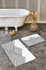 - Realhomes - Realhomes  2'li Set Siyah - Beyaz Zeminde Üçgen Motifli Geometrik Desenli Geometrik Sade & Şık  2'li Banyo & Mutfak Paspas Takımı Realhomes