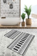 - PaspasTakimi-2li-Set1607-Gorsel-1 - Realhomes  2'li Set Siyah - Beyaz Zeminde Geometrik Motifli İskandinav Desenli Geometrik Sade & Şık  2'li Banyo & Mutfak Paspas Takımı Realhomes