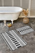 - Realhomes - Realhomes  2'li Set Siyah - Beyaz Zeminde Geometrik Motifli İskandinav Desenli Geometrik Sade & Şık  2'li Banyo & Mutfak Paspas Takımı Realhomes