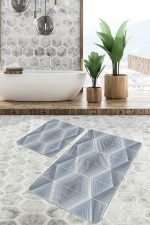 2'li Set Gri - Mavi Zeminde Üçgen Motifli Geometrik Desenli Geometrik Klasik  2'li Banyo & Mutfak Paspas Takımı Realhomes