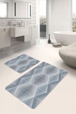 2'li Set Gri - Mavi Zeminde Üçgen Motifli Geometrik Desenli Geometrik Klasik  2'li Banyo & Mutfak Paspas Takımı Realhomes