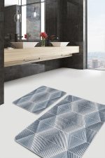 2'li Set Gri - Mavi Zeminde Üçgen Motifli Geometrik Desenli Geometrik Klasik  2'li Banyo & Mutfak Paspas Takımı Realhomes