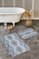 2'li Set Gri - Mavi Zeminde Üçgen Motifli Geometrik Desenli Geometrik Klasik  2'li Banyo & Mutfak Paspas Takımı Realhomes