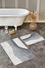 - Realhomes - Realhomes 2'li Set Gri - Ekru Zeminde Modern Sanat Motifli Klasik Desenli Sade & Şık Modern 2'li Banyo & Mutfak Paspas Takımı Realhomes