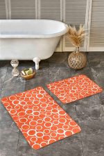 2'li Set Turuncu Zeminde Dairesel Motifli Geometrik Desenli Geometrik Klasik  2'li Banyo & Mutfak Paspas Takımı Realhomes