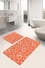 2'li Set Turuncu Zeminde Dairesel Motifli Geometrik Desenli Geometrik Klasik  2'li Banyo & Mutfak Paspas Takımı Realhomes