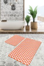 2'li Set Turuncu Zeminde Geometrik Motifli Zikzak Desenli Geometrik Klasik  2'li Banyo & Mutfak Paspas Takımı Realhomes