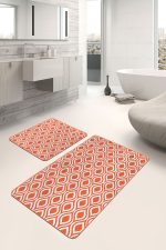 2'li Set Turuncu Zeminde Geometrik Motifli Klasik Desenli Geometrik Klasik  2'li Banyo & Mutfak Paspas Takımı Realhomes