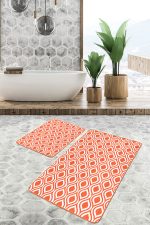 2'li Set Turuncu Zeminde Geometrik Motifli Klasik Desenli Geometrik Klasik  2'li Banyo & Mutfak Paspas Takımı Realhomes