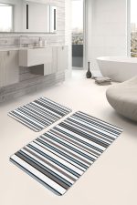 2'li Set Siyah - Mavi Zeminde Kanvas Motifli Yaprak Desenli Geometrik Sade & Şık  2'li Banyo & Mutfak Paspas Takımı Realhomes