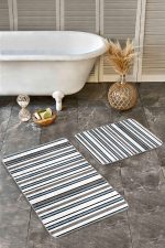 2'li Set Siyah - Mavi Zeminde Kanvas Motifli Yaprak Desenli Geometrik Sade & Şık  2'li Banyo & Mutfak Paspas Takımı Realhomes