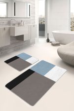 2'li Set Siyah - Mavi Zeminde Kareli Motifli Kanvas Desenli Geometrik Sade & Şık  2'li Banyo & Mutfak Paspas Takımı Realhomes
