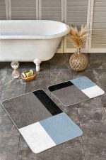 2'li Set Siyah - Mavi Zeminde Kareli Motifli Kanvas Desenli Geometrik Sade & Şık  2'li Banyo & Mutfak Paspas Takımı Realhomes