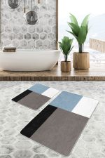 2'li Set Siyah - Mavi Zeminde Kareli Motifli Kanvas Desenli Geometrik Sade & Şık  2'li Banyo & Mutfak Paspas Takımı Realhomes